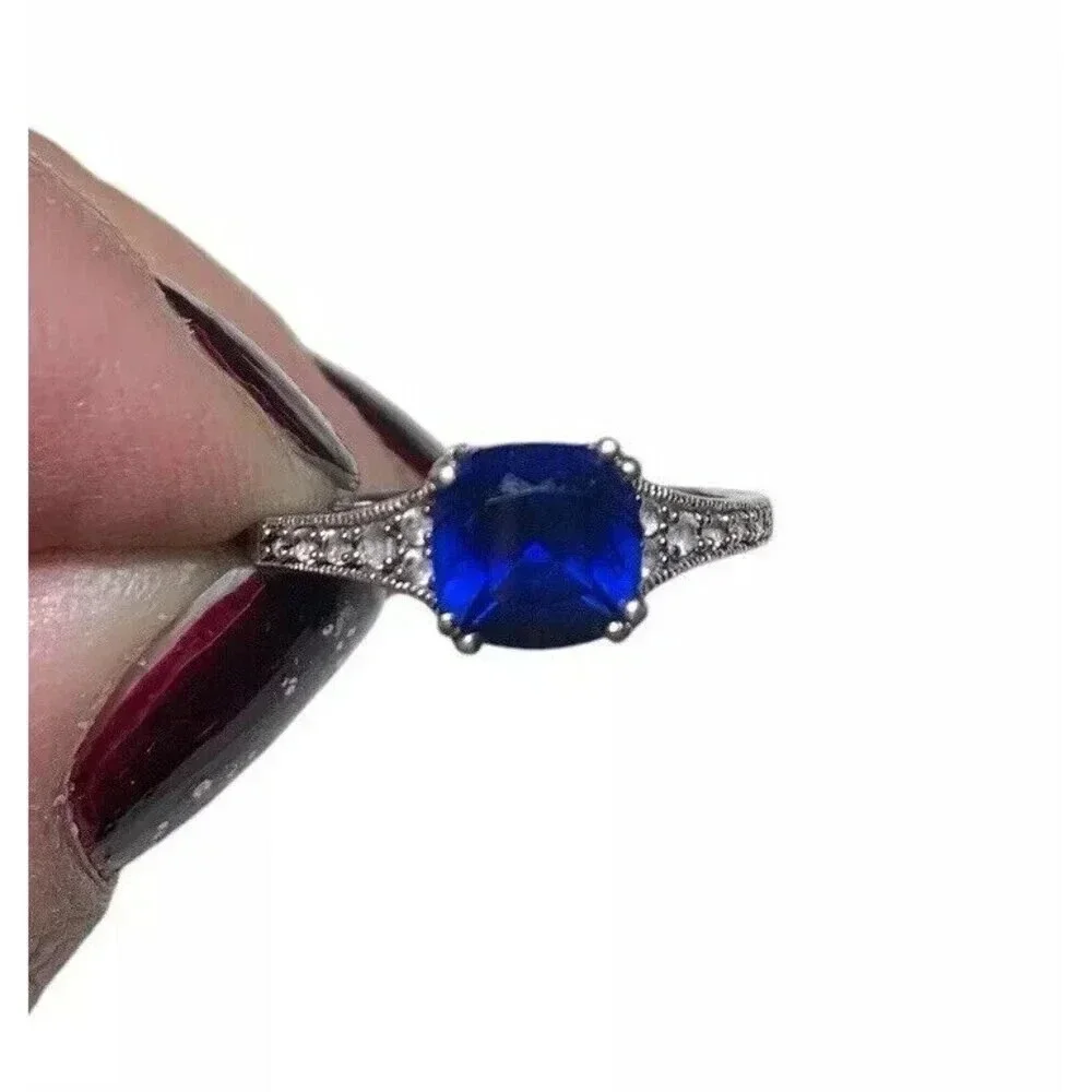 Sterling Silver Sapphire Ring Size 7 Lab Created Square Stone Cubic Zircona